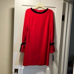 Red A line dress with velvet trim on sleeve